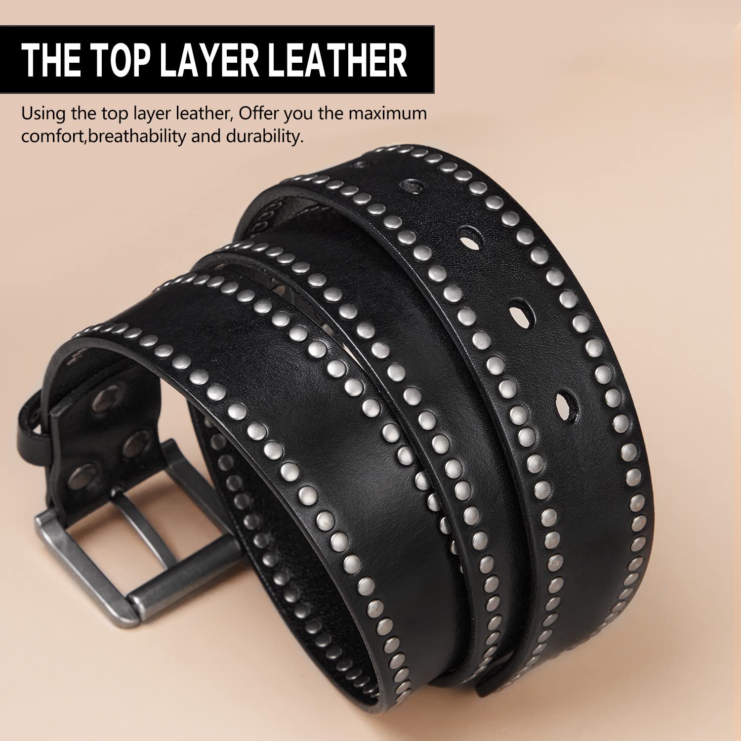FIORETTO Genuine Leather Studded Belt for Men Women, Punk Goth Y2K Rivet Belt with Metal Buckle for Jeans Pants, Black Brown - Image 4