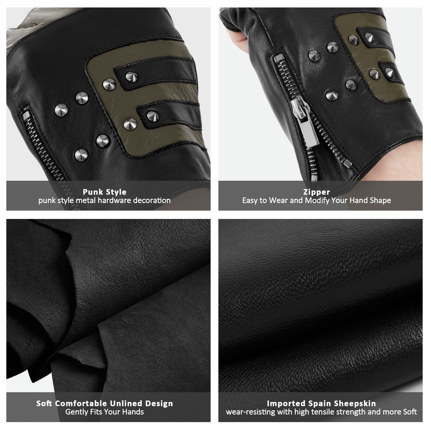 FIORETTO Mens Genuine Leather Fingerless Gloves Unlined Half Finger Punk Gloves for Driving Cycling Motorcycle M200801 - Image 5