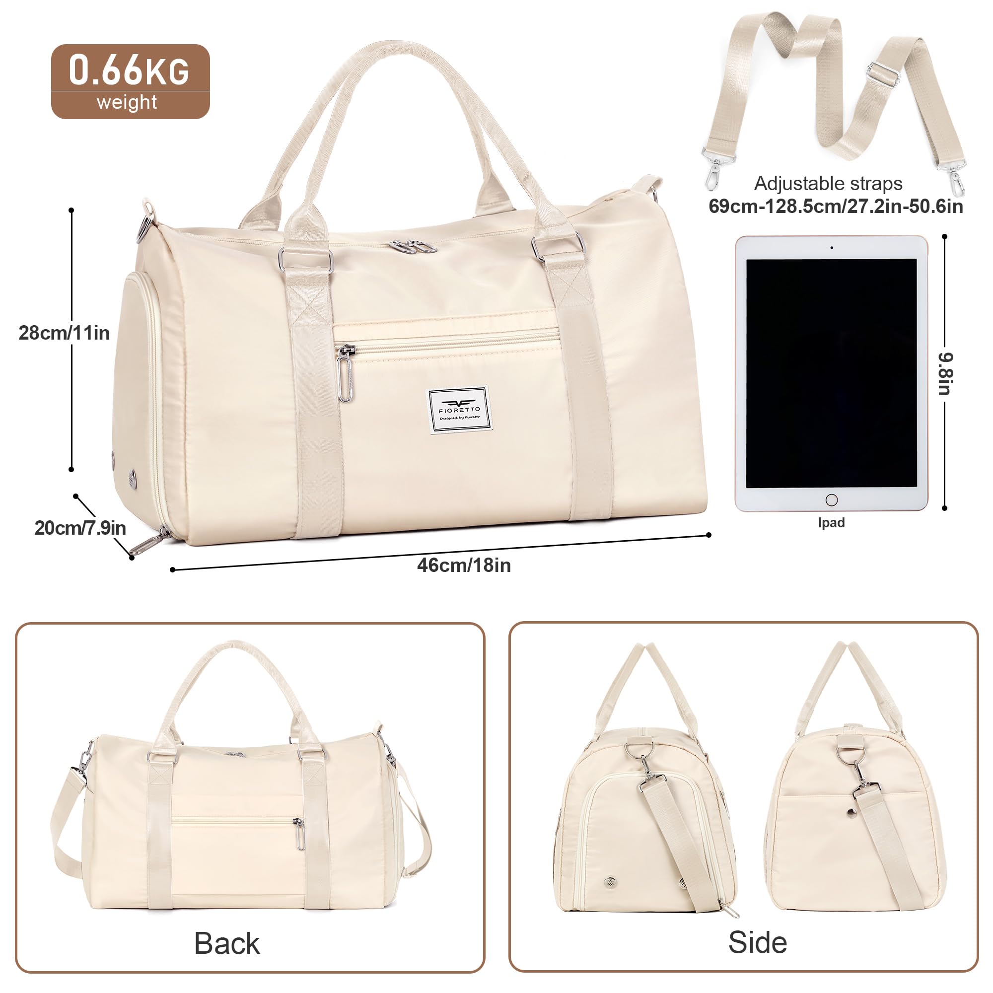 FIORETTO Womens Gym Tote Duffle Bag with Wet Pocket & Shoe Compartment, Sports Duffel Overnight Weekender Hospital Workout Carry on Bag for Girls, Ideal for Travel, Swimming, Dance, Ballet Beige - Image 3