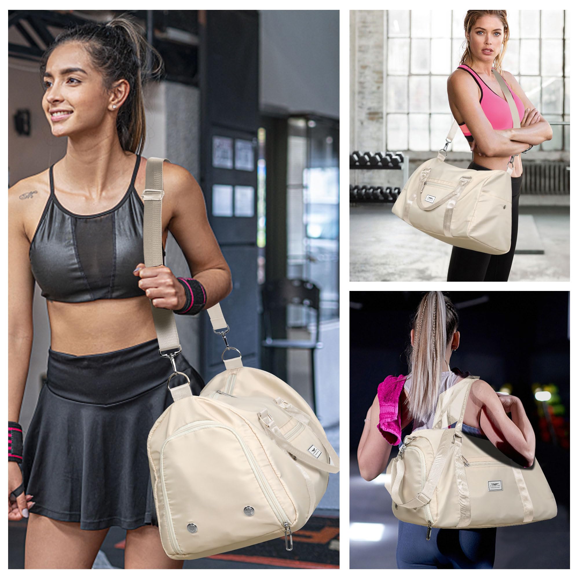 FIORETTO Womens Gym Tote Duffle Bag with Wet Pocket & Shoe Compartment, Sports Duffel Overnight Weekender Hospital Workout Carry on Bag for Girls, Ideal for Travel, Swimming, Dance, Ballet Beige - Image 6